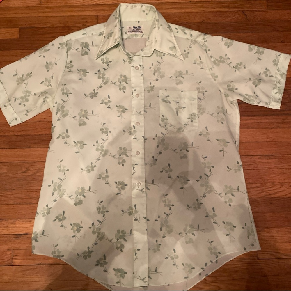 Vintage 70’s Men's Light Green Floral Button Down Shirt